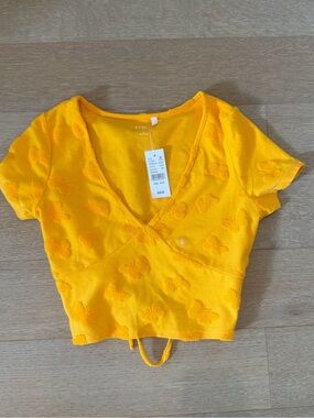 PacSun Yellow Wrap Crop Top with Textured Floral Motif